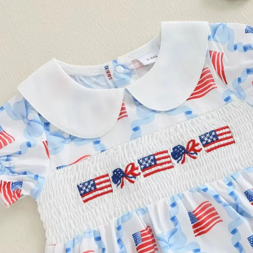 4th of July Baby Girls Embroidered Flag Bow Sleeveless Romper Jumpsuit